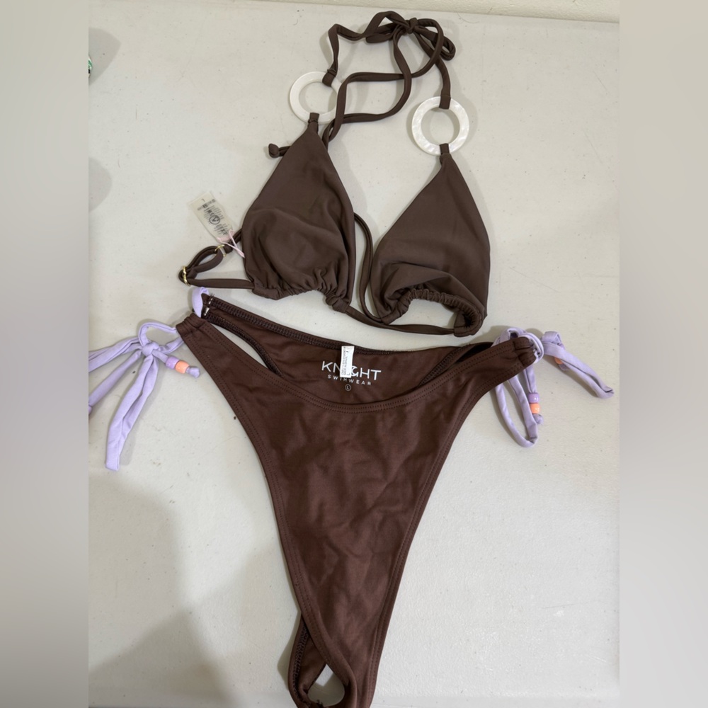 KNIGHT Knight Swim Brown Triangle Bikini with Lilac Tie Accents